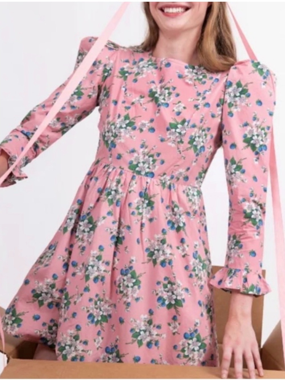 Batsheva Collarless Prairie Mini Dress Pink Lily Floral Cotton Puff Sleeve 18